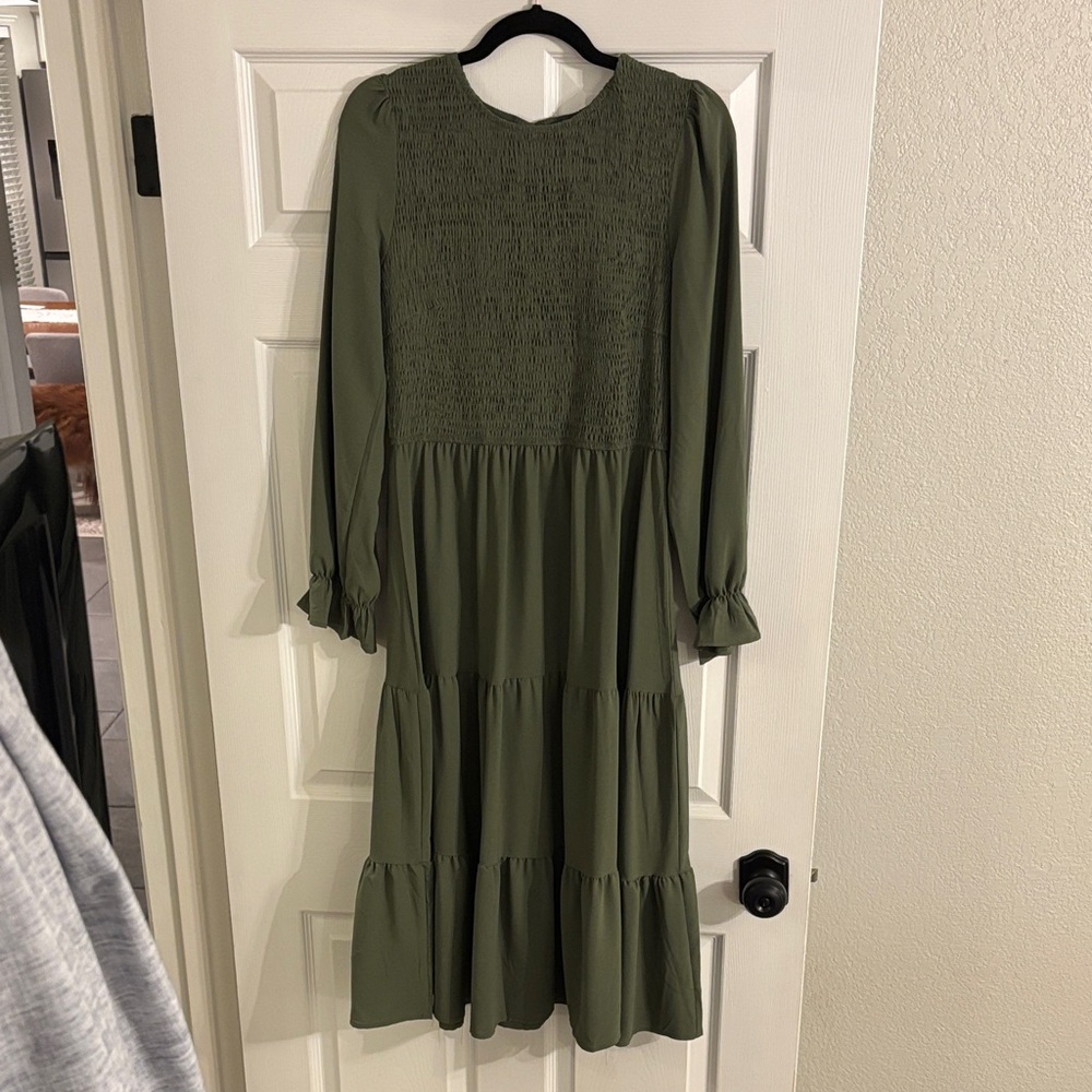 Elegant Olive Green Smocked Dress